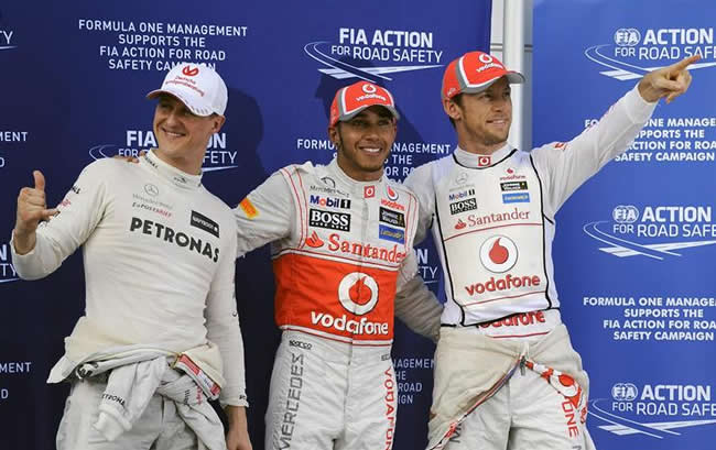 Lewis Hamilton, Jesson Button y Michael Schumacher, primeros lugares de salida en Sepang. Foto: EFE