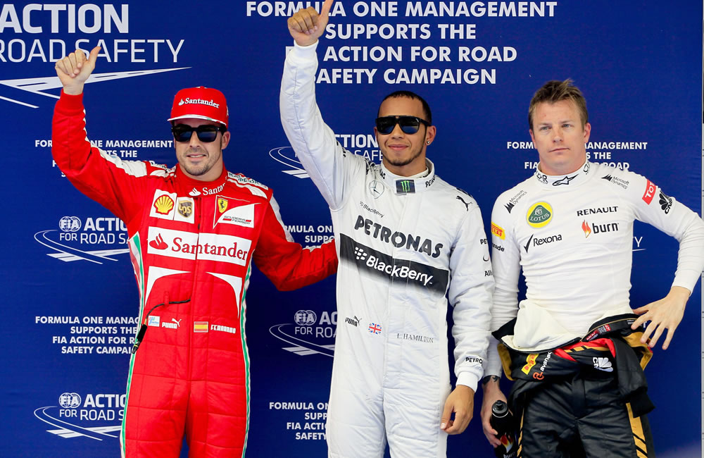 Los pilotos de Fórmula 1, el español Fernando Alonso, el británico Lewis Hamilton y el Finlandés Kimi Raikkonen. Foto: EFE
