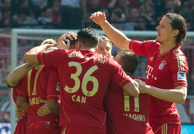 Bayern Munich players celebrate their 1-0 lead during the German Bundesliga soccer match between Bayern Munich and FC Nuremberg in Munich. Foto: EFE