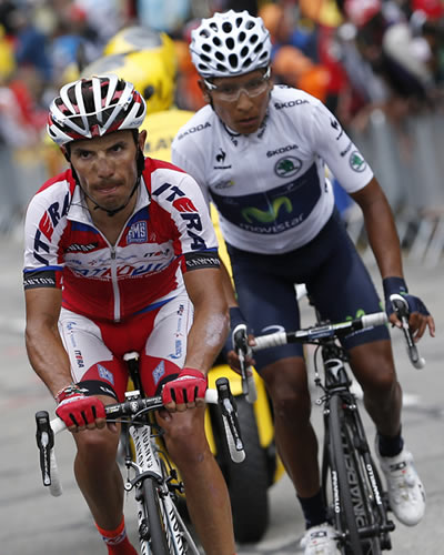 El ciclista colombiano Nairo Quintana (d), del Movistar, y el español Joaquim "Purito" Rodríguez (i), del Katusha. Foto: EFE