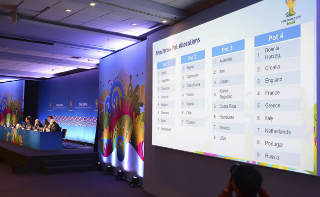 Imagen de una pantalla en la que aparece proyectada la distribución de las selecciones para el sorte del Mundial de Brasil 2014. Foto: EFE