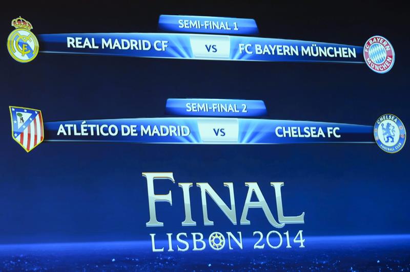 Una pantalla muestra los emparejamientos de las semifinales de la Liga de Campeones, tras el sorteo realizado hoy por la UEFA. Foto: EFE