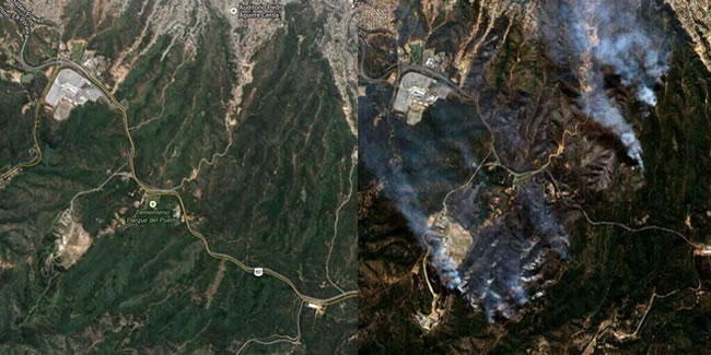 Imagen satelital cedida por el Servicio Aerofotogramétrico de La Fuerza Aerea de Chile SAF, del incendio en la ciudad de Valparaiso. Foto: EFE