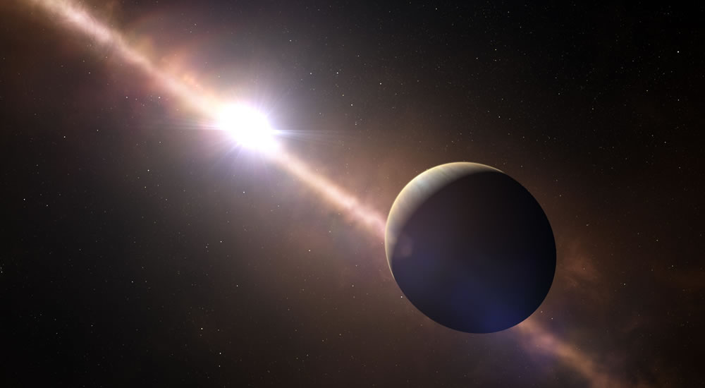 Impresión artística del planeta Beta Pictoris b orbitando alrededor de la joven estrella Beta Pictoris. Foto: EFE