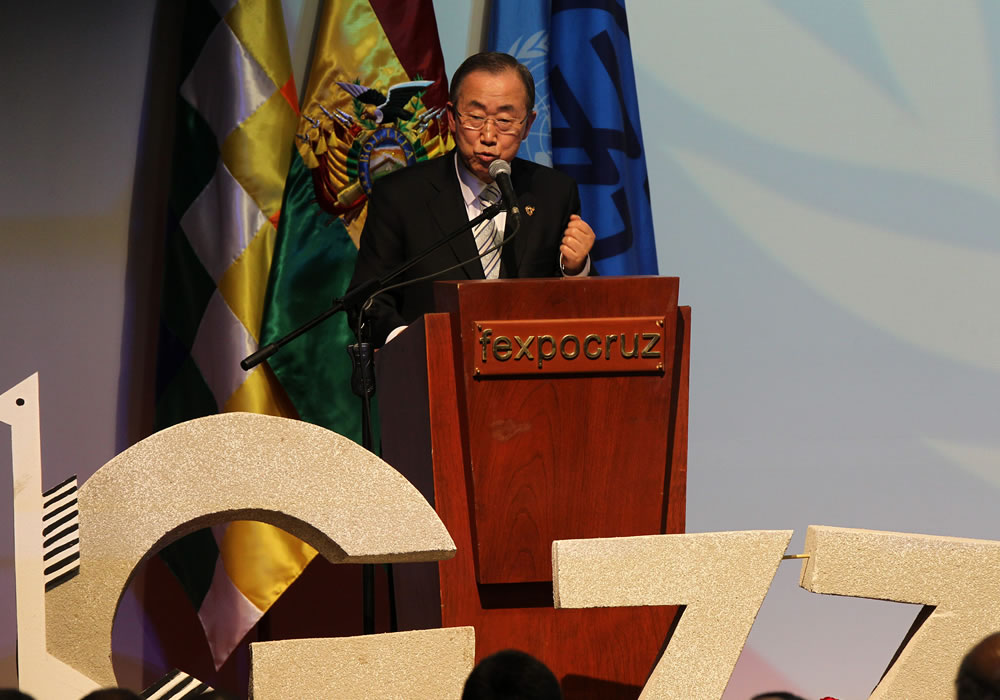 El secretario general de Naciones Unidas, Ban Ki-moon, habla durante la inauguración de la Cumbre del G77 y China. Foto: EFE