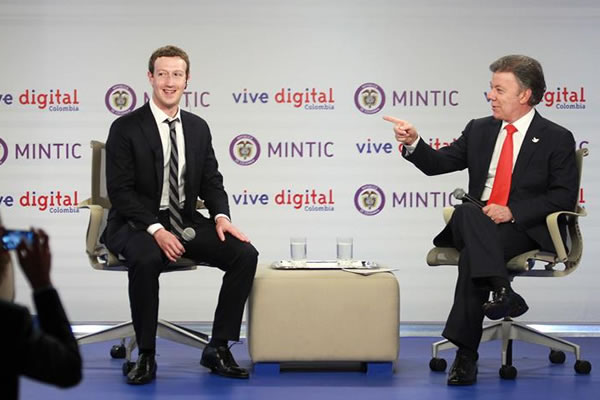 El presidente, Juan Manuel Santos y el fundador de la red social Facebook, Mark Zuckerberg. Foto: EFE