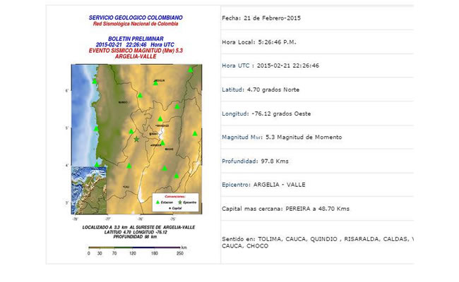 No se reportan daños ni víctimas en el occidente del país tras fuerte temblor de 5,2 grados que tuvo epicentro en Argelia, Valle del Cauca.. Foto: Twitter
