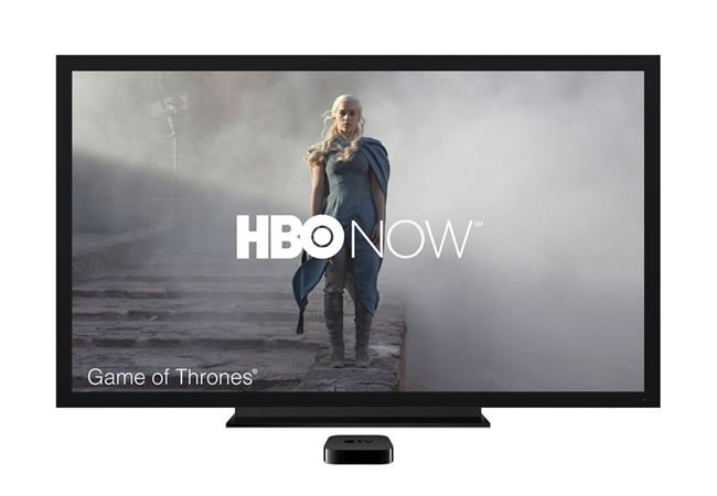 Fotografía facilitada por el gigante tecnológico Apple que muestra el servicio HBO Now en una pantalla a través de un reproductor Apple TV. Foto: EFE