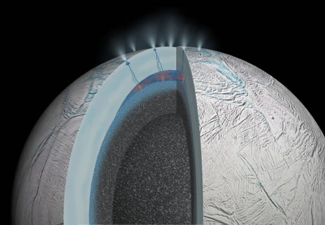 Impresión artística del interior de la luna de Saturno Encélado, que presenta actividad hidrotermal. Foto: EFE