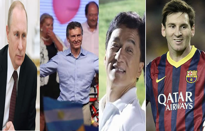 Vladimir Putin,Presidente ruso; Mauricio Macri, Mandatario argentino;Jackie Chan, actor; Lionel Messi, futbolista. Foto: EFE
