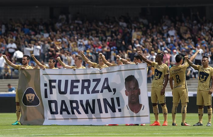 Jugadores de Pumas apoyando a Darwin Quintero. Foto: EFE