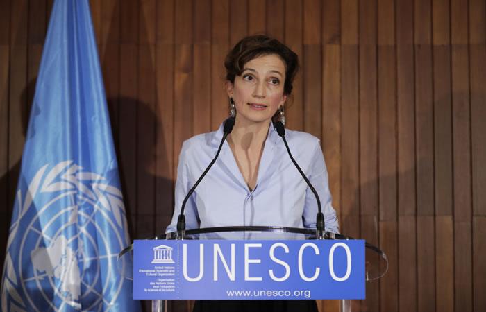 El ex ministro de Cultura francés y elegida jefa de la UNESCO, Audrey Azoulay. Foto: AFP
