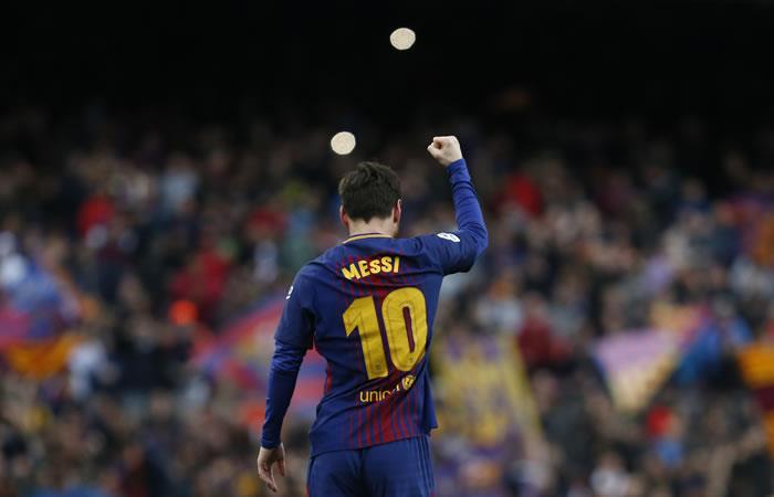 El argentino del Barcelona Lionel Messi celebra después de anotar contra el Club Atlético de Madrid. Foto: AFP