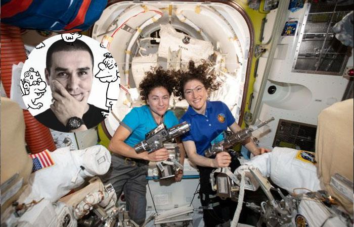 'Matador', caricaturista, y Christina Koch y Jessica Meir, astronautas de la NASA. Foto: Twitter