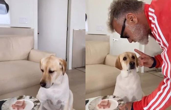 Gianluca Vacchi hace el 'Don't eat it' challenge con su perro. Foto: Instagram