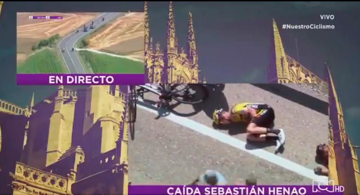 Momento de la caída de Sebastián Henao en la primera etapa. Foto: Twitter @DeportesRCN