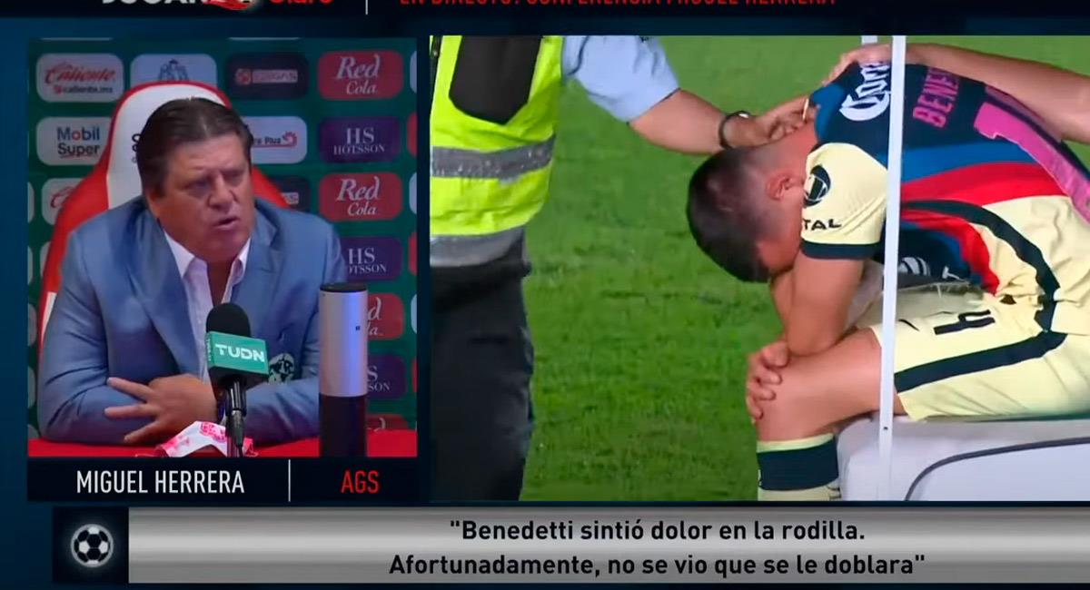Nicolás Benedetti sale entre lágrimas tras la lesión de rodilla. Foto: Youtube Reproducción video rueda de prensa Marca Claro