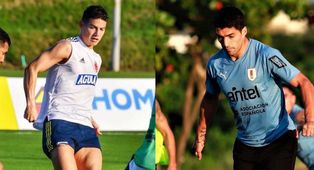 James Rodríguez (i), mediocampista de Colombia, y Luis Suárez (d), delantero de Uruguay. Foto: Twitter / @FCFSeleccionCol - @Uruguay