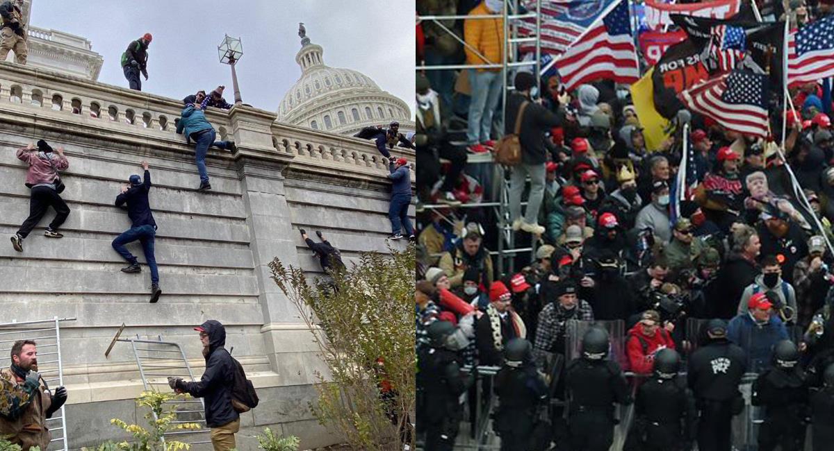 Manifestantes escalan las paredes del Capitolio de EEUU para ingresar violentamente y algunos de ellos se encontraban armados. Foto: Twitter @Peru21.pe / @lahistoriaec