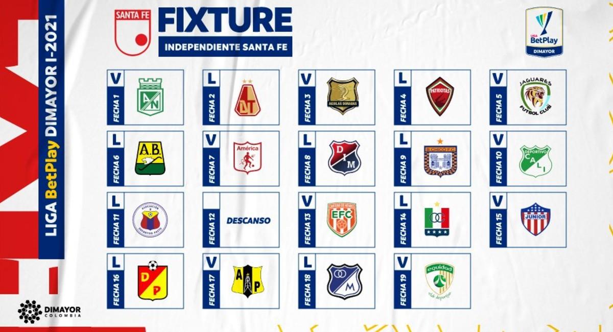 Así será el calendario de Santa Fe para la Liga BetPlay. Foto: Twitter @Dimayor