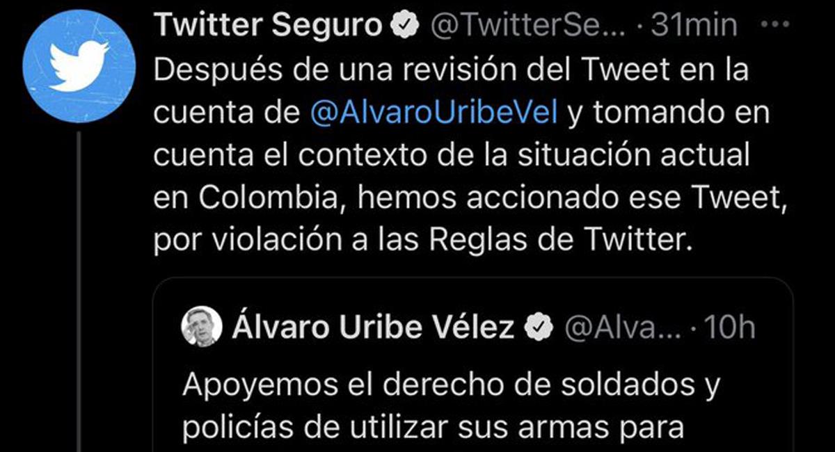 Twitter decidió bloquear y borrar el mensaje de Álvaro Uribe Vélez por violar las reglas establecidas de la red. Foto: Twitter @LauraNaoEsta
