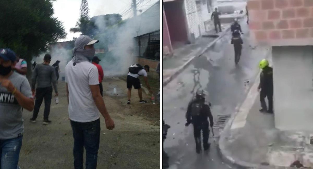 Enfrentamientos entre la Policía y algunos manifestantes en Yumbo. Foto: Twitter @Jahfrann