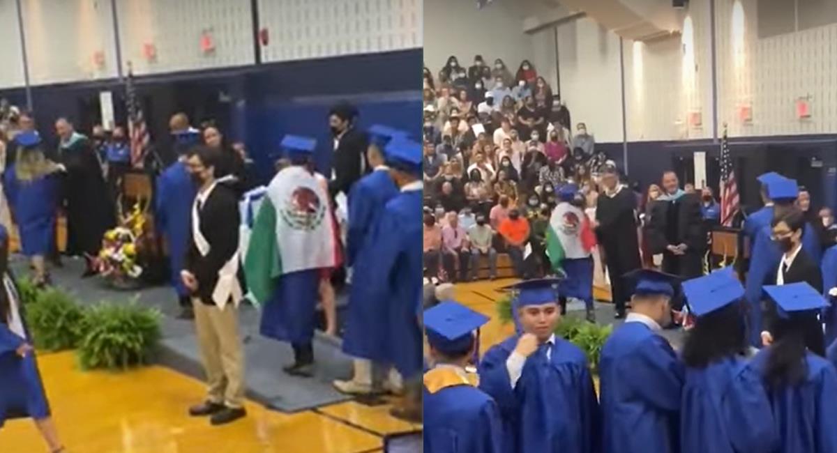 En EEUU se abre el debate sobre el racismo cuando a un estudiante le negaron el diploma en plena ceremonia de graduación por portar la bandera mexicana. Foto: Captura de video