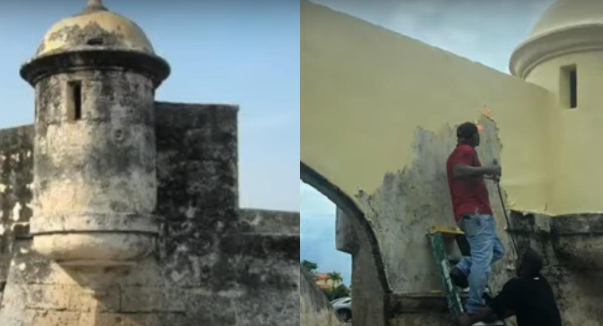 Comparación del aspecto original del fuerte de San Sebastián del Pastelillo con el de su intervención. Foto: Captura de pantalla