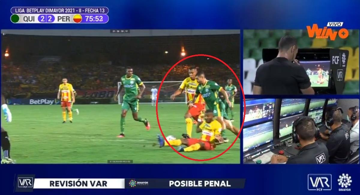 Polémico penal en Quindío vs Pereira. Foto: Twitter Captura pantalla Win Sports.