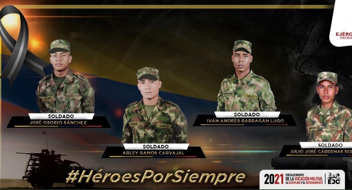 "Con profundo dolor rechazamos el vil asesinato de cuatro de nuestros soldados en Turbo e Ituango", publicó el Ejército en sus redes. Foto: Twitter @COL_EJERCITO.