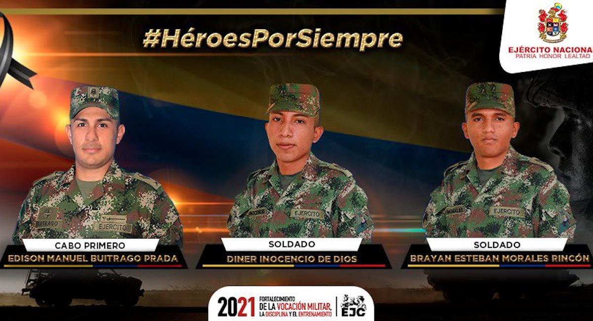 Tres soldados murieron en atentado de las FARC. Foto: Twitter @COL_EJERCITO