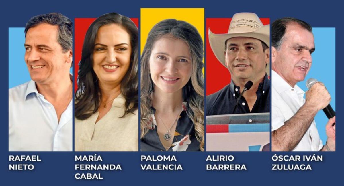 Rafael Nieto, María Fernanda Cabal, Paloma Valencia, Alirio Barrera y Óscar Iván Zuluaga, precandidatos presidenciales. Foto: Centro Democrático. 