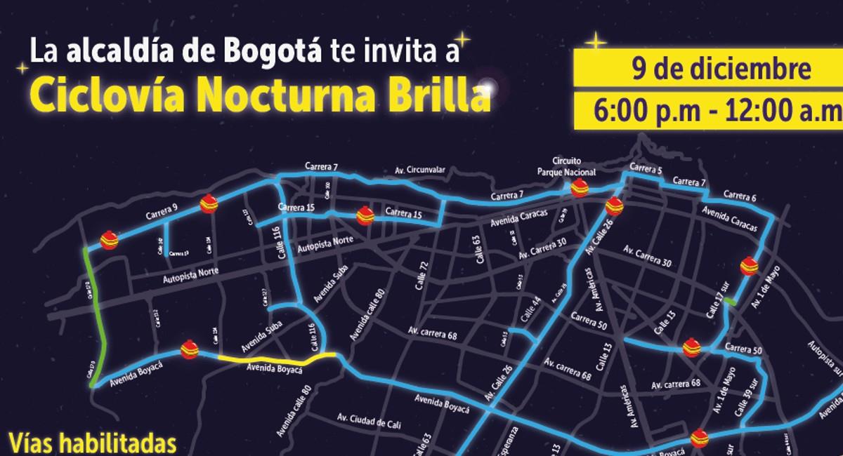 Conozca las vías habilitadas para la próxima Ciclovía Nocturna en Bogotá. Foto: Twitter