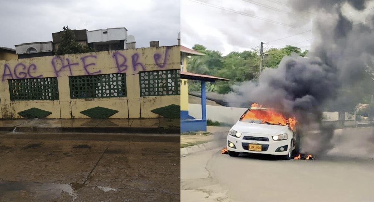Paredes con grafitis y vehiculo incendiado en paro armado. Foto: Twitter @AndresCalleA