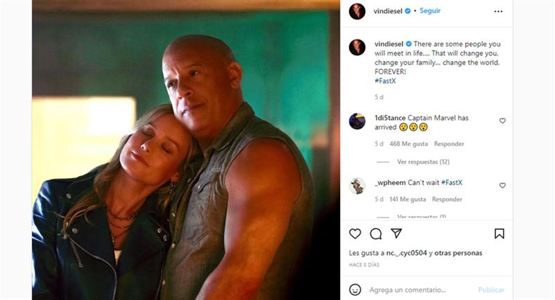 Vin Diesel and Brie Larson will be part of the cast of "Fast & Furious 10".  Photo: Instagram @vindiesel