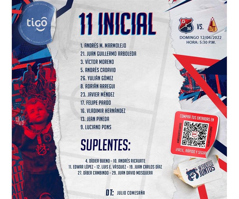 Esta es la nómina confirmada del DIM para el partido contra el 'Pijao'.  Foto: Deportes Independiente Twitter Medellín