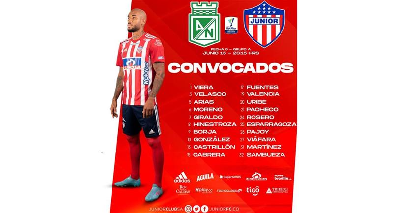 Lista de jugadores convocados por Junior.  Foto: Instagram Junior de Barranquilla