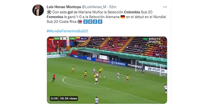 Gol de Colombia frente a Alemania en el Mundial Femenino sub 20. Foto: Twitter @LuisHenao_M