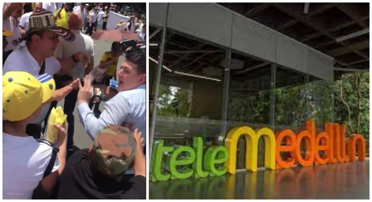 Periodistas de Telemedellín son agredidos por manifestantes. Foto: Captura de pantalla y Telemedellín