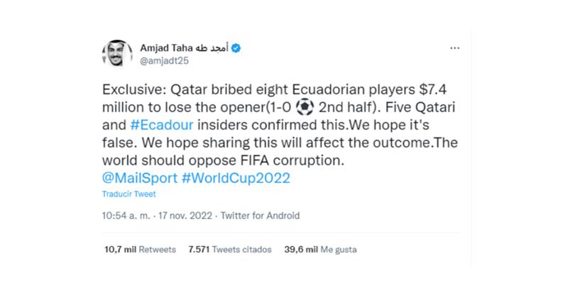 Denuncia según la cual, varios jugadores habrían recibido un soborno por parte de la familia real catarí. Foto: Twitter @amjadt25