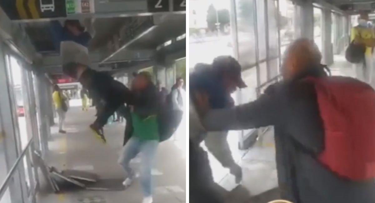 Captura de video: ciudadano evitó que un hombre se robara las láminas de una estación de TransMilenio. Foto: Twitter @JuanCamilo