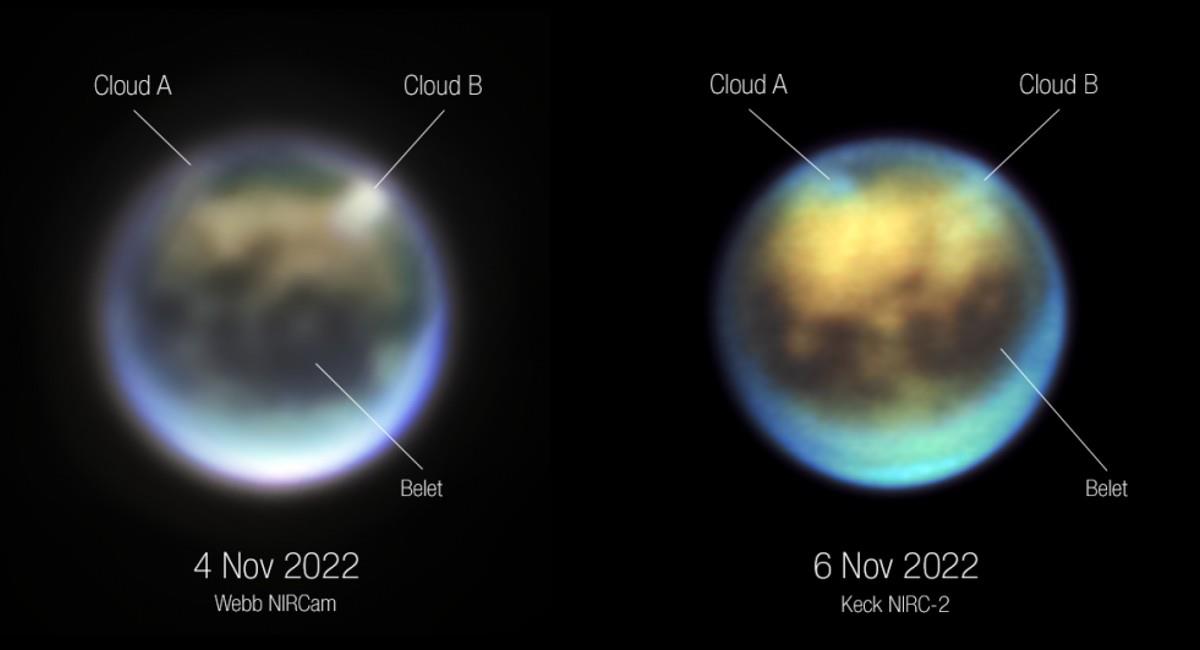 Evolución de las nubes en Titán a lo largo de 30 horas entre el 4 y el 6 de noviembre de 2022. Foto: NASA