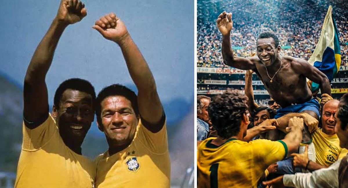 Pele y Garrincha, campeones del mundo en Suecia y Chile. A la derecha, Pelé celebra el título en 1970. Foto: Instagram Pelé