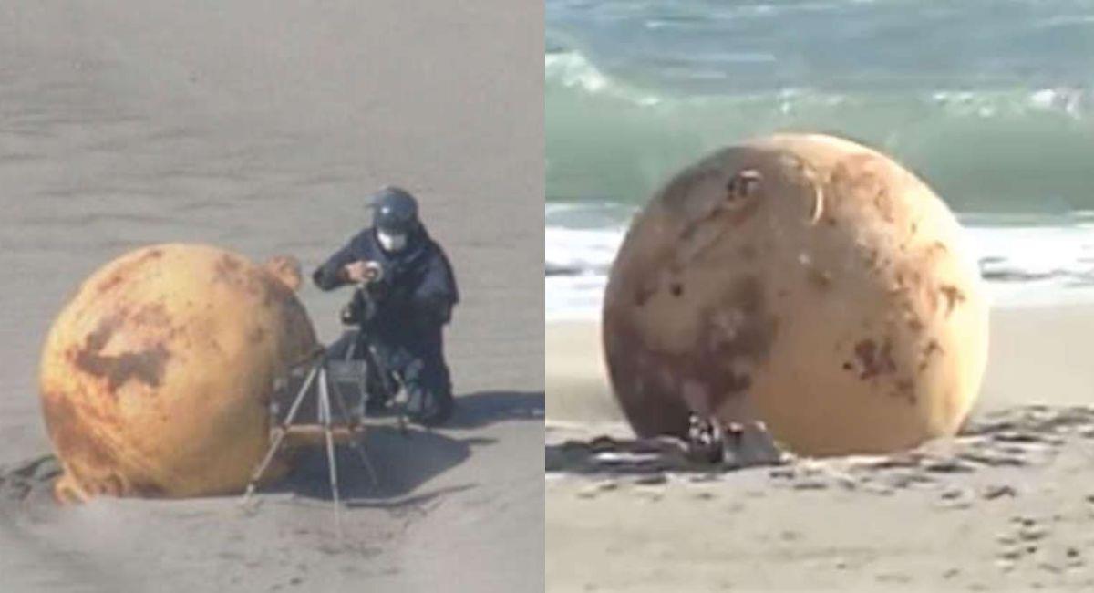 Encuentran misteriosa esfera gigante en playa de Japón. Foto: Twitter NHK World