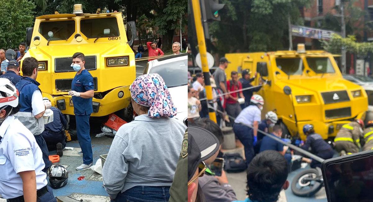 Un carro de valores sin frenos por poco causa una tragedia de enormes proporciones en Envigado. Foto: Twitter @DenunciasAntioquia