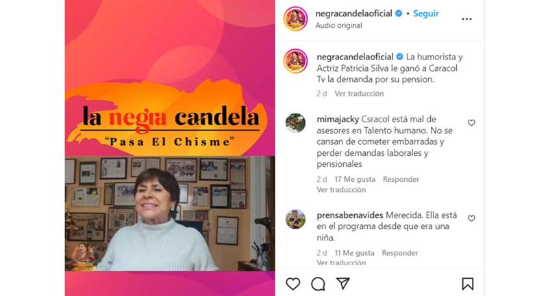 Patricia Silva demandó a Caracol Televisión. Foto: Instagram @negracandelaoficial