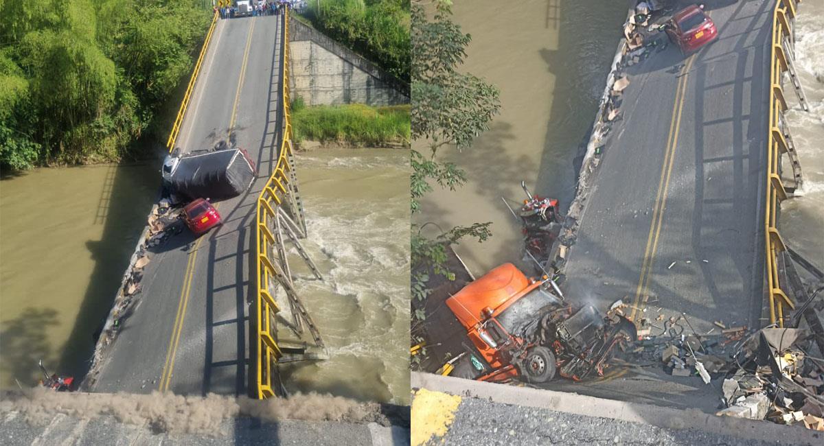 El puente sobre el río La Vieja colapsó y deja dos personas fallecidas y 15 heridas. Foto: Twitter @DaniSie