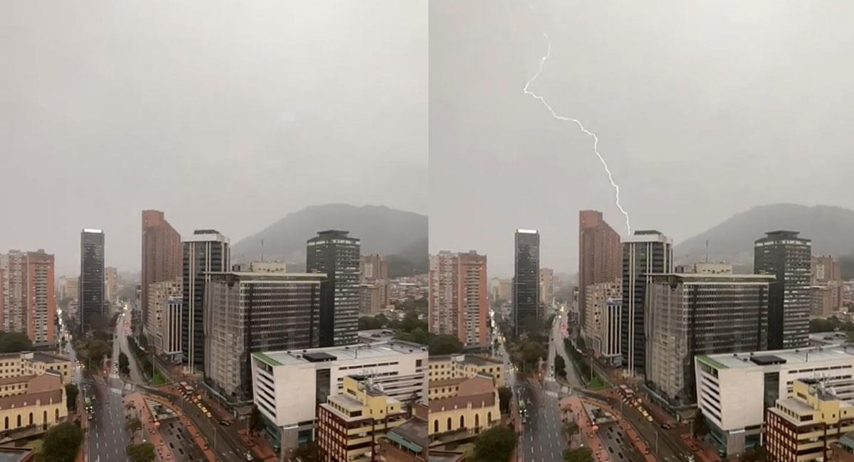 Un rayo impactó un edificio en la jornada lluviosa del lunes en Bogotá. Foto: Twitter @ClavijoAndres83