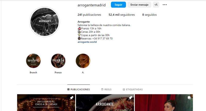 Redes sociales del restaurante "Arrogante". Foto: Instagram @arrogantemadrid