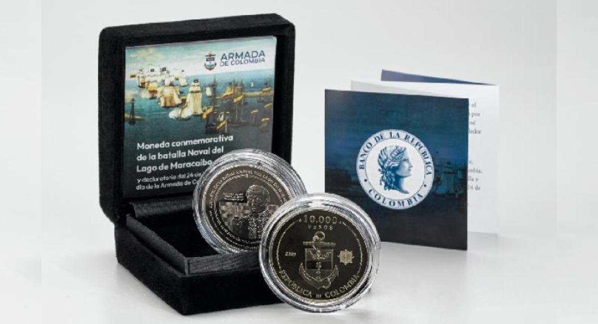 Moneda conmemorativa de la Batalla Naval del Lago de Maracaibo. Foto: Twitter @BancoRepublica